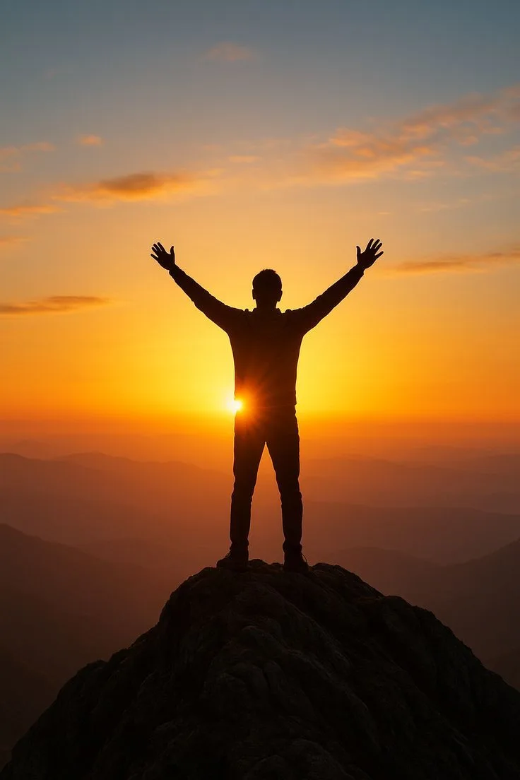 Persona en la cima de una montaña al amanecer con los brazos en alto, símbolo de superación y transformación personal