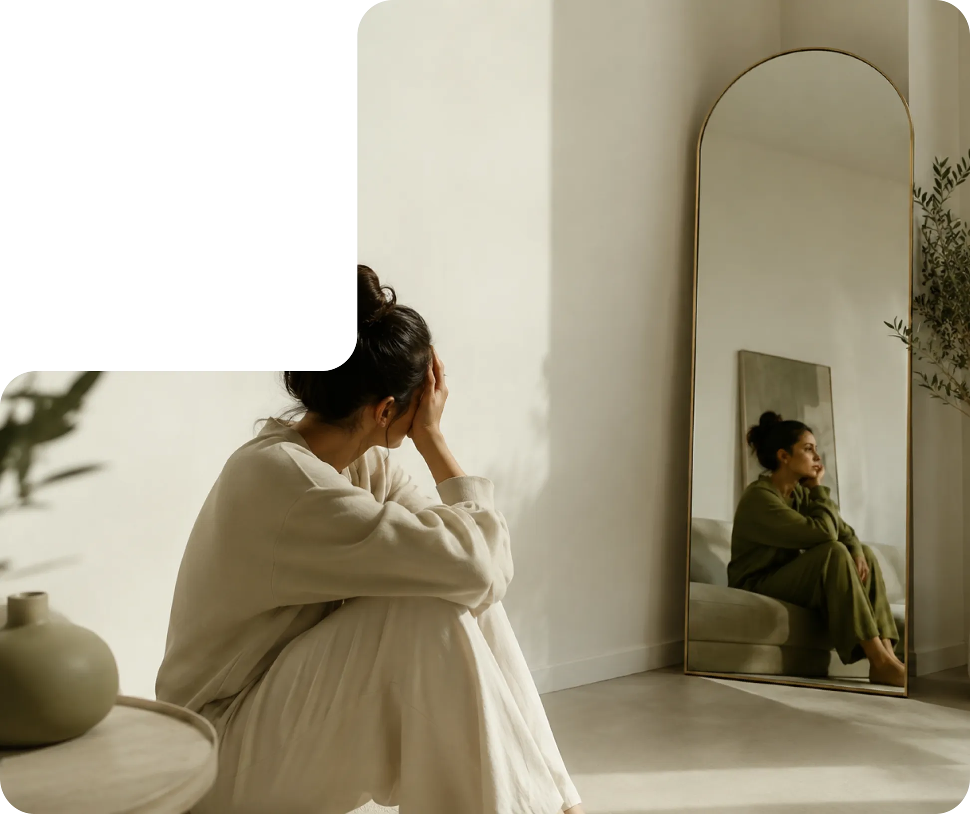Mujer sentada frente a un espejo: 'Me cuesta ponerme a mí en primer lugar'